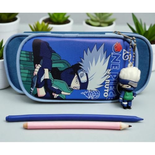 Image of KiddiBox One Piece Anime Pencil Case, Blue Double Zipper Stationery Pouch with Character Charm, School Supply with Keychain, Pencil Box for Boys and Girls, Best Gift