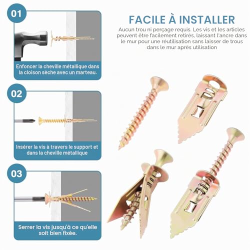 Gueenky 100 Ensemble Cheville avec Vis pour Plaques de Plâtre, Cheville Beton Vis Cheville Placo, Cheville Expansion Cheville et Vis Fixations pour Murale en Plaques de Plâtre – vue 5