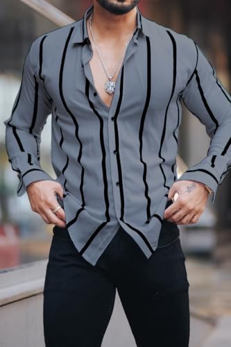 Image of MiraMichi Men's Striped Slim Fit Lycra Shirt | Full Sleeve Stretchable Shirt | Trendy Black and White Vertical Stripes for Casual