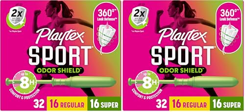Image of Playtex Sport Odor Shield Tampons Multipack (16ct Regular /16ct Super), Unscented, Tampons Regular and Super, Playtex Tampon Multipack, Feminine Care with 360 Leak Defense, 32 Count, (Pack of 2)