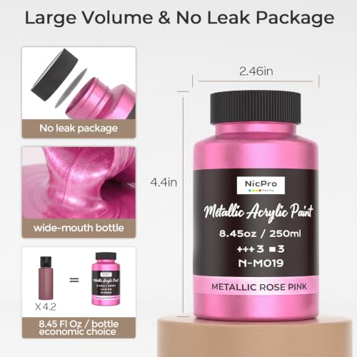 Image of Nicpro Metallic Pink Acrylic Paint, 8.45oz /250ml Pearlescent Rose Shimmer | Large, Non Toxic, Non Fading Craft Paints for Metal, Wood, Clay, Fabric, Canvas, Ceramic, Furniture, Handcrafts