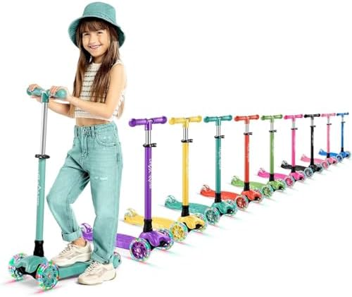 Lifemaster Kids Scooter – Children and Toddler 3 Wheel Kick Scooter – LED Wheel Lights Illuminate When Rolling– Adjustable Handlebar – Indoor and Outdoor Teal