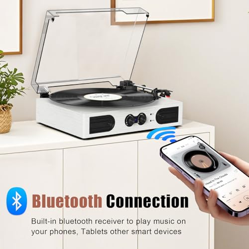 Image of Vinyl Record Player with Built-in Speakers, Vintage 3-Speed Turntable, Bass /Treble Control, Headphone Jack, RCA /AUX Outputs, Belt-Driven LP Player, White
