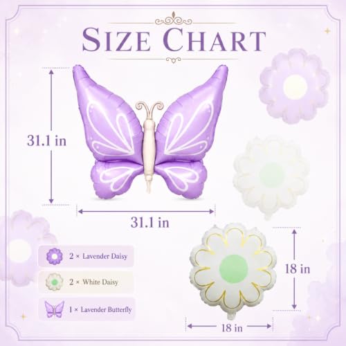 Image of Wanna Party Butterfly and Flower Foil Balloon Set of 5, Purple Butterfly Balloon with Colourful Daisy Flower Balloons for Birthday, Baby Shower, Garden Theme & Party Decoration
