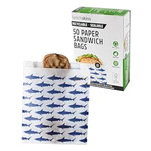 Lunchskins Recyclable & Sealable Paper Sandwich Bags â 50 Count | Shark Design | Eco-Friendly Grease-Resistant Glassine Snack Bags with Self-Adhesive Closure for Freshness