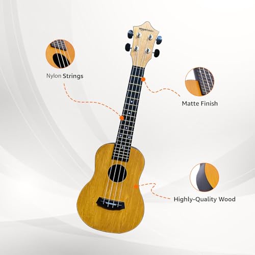 Image of Amazon Basics Concert Size Ukulele Kit, Nylon Strings for warm, mellow and bright tones | Basswood Body | ABS back | Matte Finish, with Bag, Picks, Strap - Natural Brown