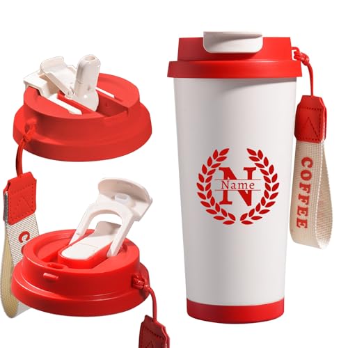 Generisch Personalisierte Kaffeebecher to Go aus Metall mit Mustern und Text, Thermobecher mit Strohhalm, Einzigartiges Geschenk (Rot)
