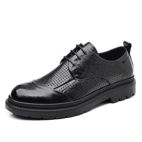 Mens Genuine Leather Oxfords Dress Shoes, Breathable Hollow Round Toe Lace-up Comfort Brogue Dress Shoes Casual Business Work