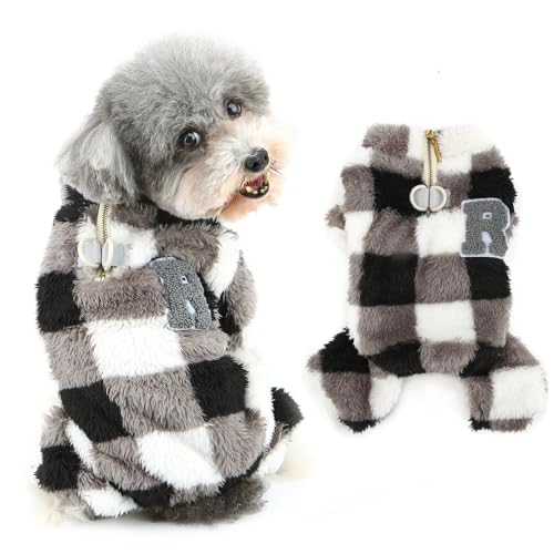 RANPHY 犬 服 秋 冬 犬の服 バッファローチェック 犬用ロンパース ハーフジッパー 厚手フリース パジャマ 四つ足の服ふわふわ 暖かい秋冬服 袖あり 超小型犬 小型犬 子犬 猫服ペット洋服 防寒コートDリング付部屋着冬のお散歩撮影写真,グレー,XX