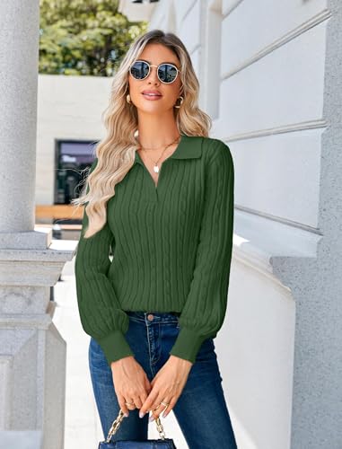 Image of JUSTFASHIONNOW Womens Sweaters Polo V Neck Cable Knit Sweater Dressy Casual Pullover Jumper Tops Fall Winter Trendy