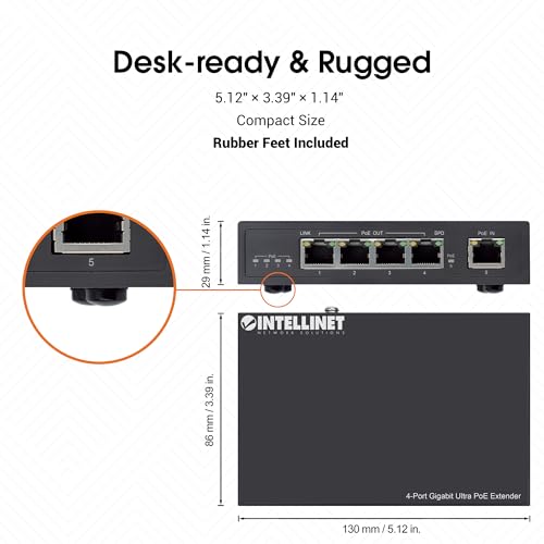 Image of Intellinet 4-Port Gigabit PoE++ Extender, 90W, 328 Ft Range, Metal | IEEE 802.3bt /at /af pass-through switch adds 656 total reach, powers cameras, APs and VoIP phones via RJ45