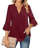Lotusmile 3/4 Sleeve Tunic Tops for Women, Professional Double-Layer Blouse for Office Wear Flared Sleeve Tops Classic V-Neck Versatile Business Casual Blouse Magenta