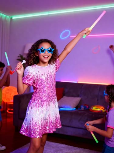 Image of WELAKEN Girls Ombre Sequin Dress Sparkly Fancy Short Puff Sleeves Gradient Party Dress