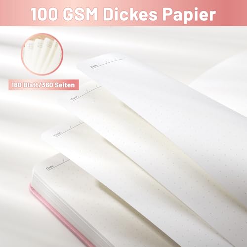 Thboxes Notizbuch A5 Dotted, Hardcover Journal Buch 180 Blatt/360 Seiten Notebook Tagebuch mit 100gsm Dickem Papier Stifthalter Innentasche für Schule Arbeit, 14,5 x 21 cm - Rosa