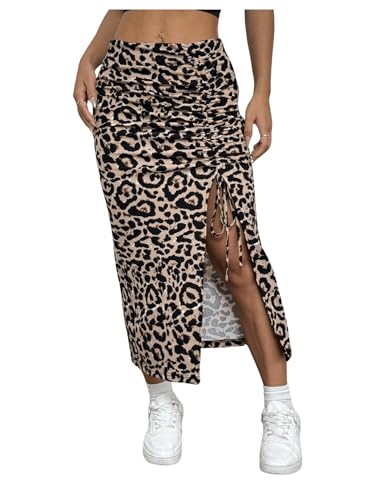 Women's Y2K Leopard Drawstring Split Thigh Skirt Ruched Bodycon Midi Skirts