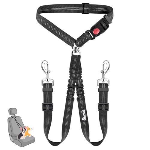 SlowTon Doppelter Anschnallgurt Hund Auto, 2 in 1 verhedderungsfreier langlebiger elastischer Hunde Sicherheitsgurt, Hundegurt mit drehbarem Edelstahl Karabiner für 2 Hunde in der Fahrzeugreise
