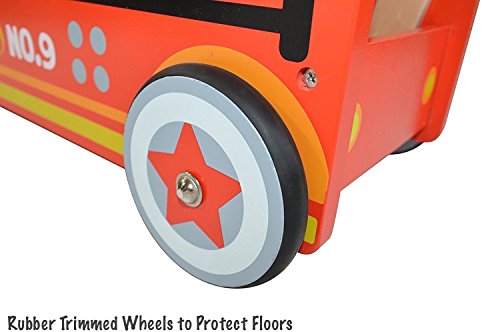 Pidoko Kids Ride On Fire Truck - Wooden Push and Pull Walker Cart - Balance Wagon Toy for Toddlers Boys & Girls age 18 Months and up