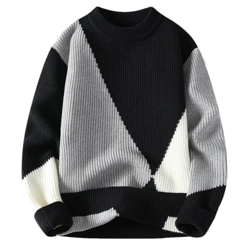 Men's Long Sleeve Thick Warm Sweater O-Neck Patchwork Pullover