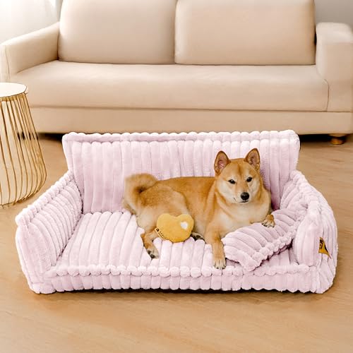 FUNNY FUZZY Orthopedic Dog Bed with Removable Washable Cover and Anti-Slip Bottom, Supportive Foam Pet Couch Bed，Dog Sofa for Medium Dogs, Pink, XL X-Large Pink