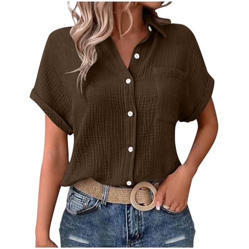 GMQWRK Kurzärmeliges Damen-Shirt, Sommer, Button-Down, strukturiertes Hemd, Falten, Manschette, Ärmel, Vordertasche, Tunika, Tops, lässig, lockerer Kragen, Bluse, lange Hemden, S-XXL, braun, L