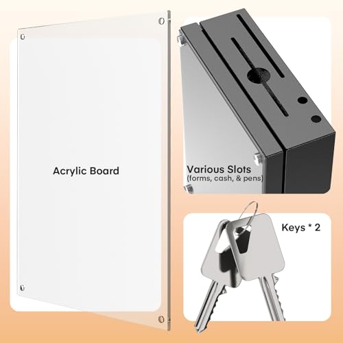Image of Suggestion Box with Slot and Lock-Wall Mount Option, Metal Ballot Box with Acrylic Panel for Voting, Black Donation Case with Key Drop Slot and Safe Lock for Fundraising, Hotel and Office Use