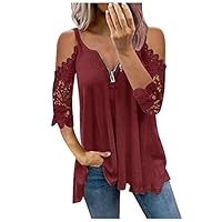 MKHSQHDG Cold Shoulder Plus Size Tunics Tops for Women, Fashion Sexy Short Sleeve T Shirts Summer Casual Blouses with Zipper, Women Tops 46# Wine, Small