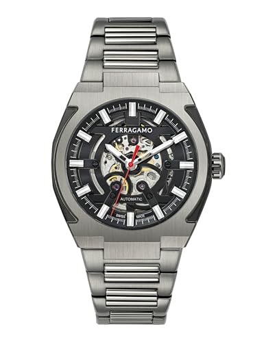Ferragamo Ferragamo Supreme Skeleton Collection Luxury Mens Watch Timepieces with a Grey Bracelet Featuring a Gun Case and a Black Dial