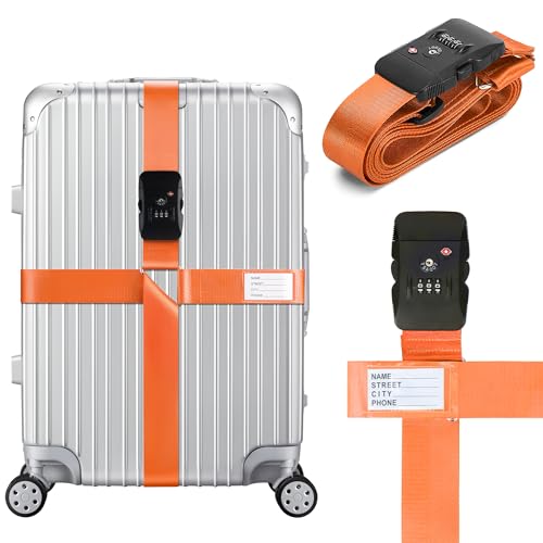 Linpr Correas de Equipaje Ajustables, Correas de Equipaje con Cerraduras TSA, Correas Cruzadas, Accesorios de Viaje, Correa de Equipaje con Etiquetas de Nombre en Colores Llamativos (Naranja)