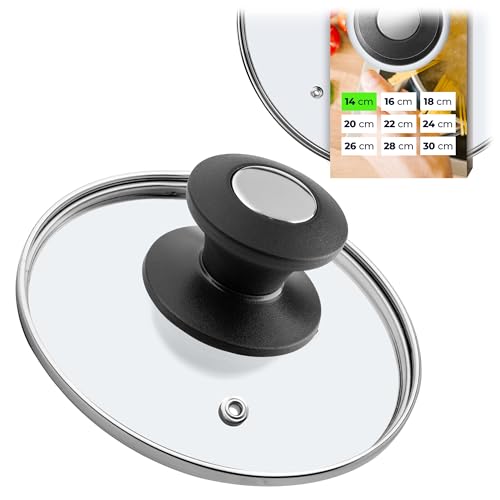KADAX Tapa universal de cristal con mango negro y plata, tapa resistente al calor en diferentes tamaños, tapa de sartén, tapa de cristal para olla, sartén (14 cm)