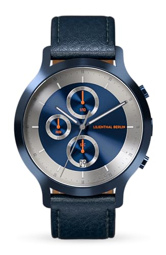 Lilienthal Berlin Chronograph LP Blue Silver in dunkelblau Herrenuhr am dunkelblauen Leder-Armband aus 316L Chirurgenstahl mit einem Quarzuhrwerk & saphirgehärtetem Mineralglas 42 5 mm