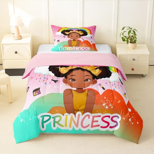 Erosebridal Rainbow Black Girls Comforter Set Twin Size African American Bedding Set Black Princess Girl Makeup Quilt Comforter Afro Little Girl Bed Set for Kids Melanin Bedroom Decor