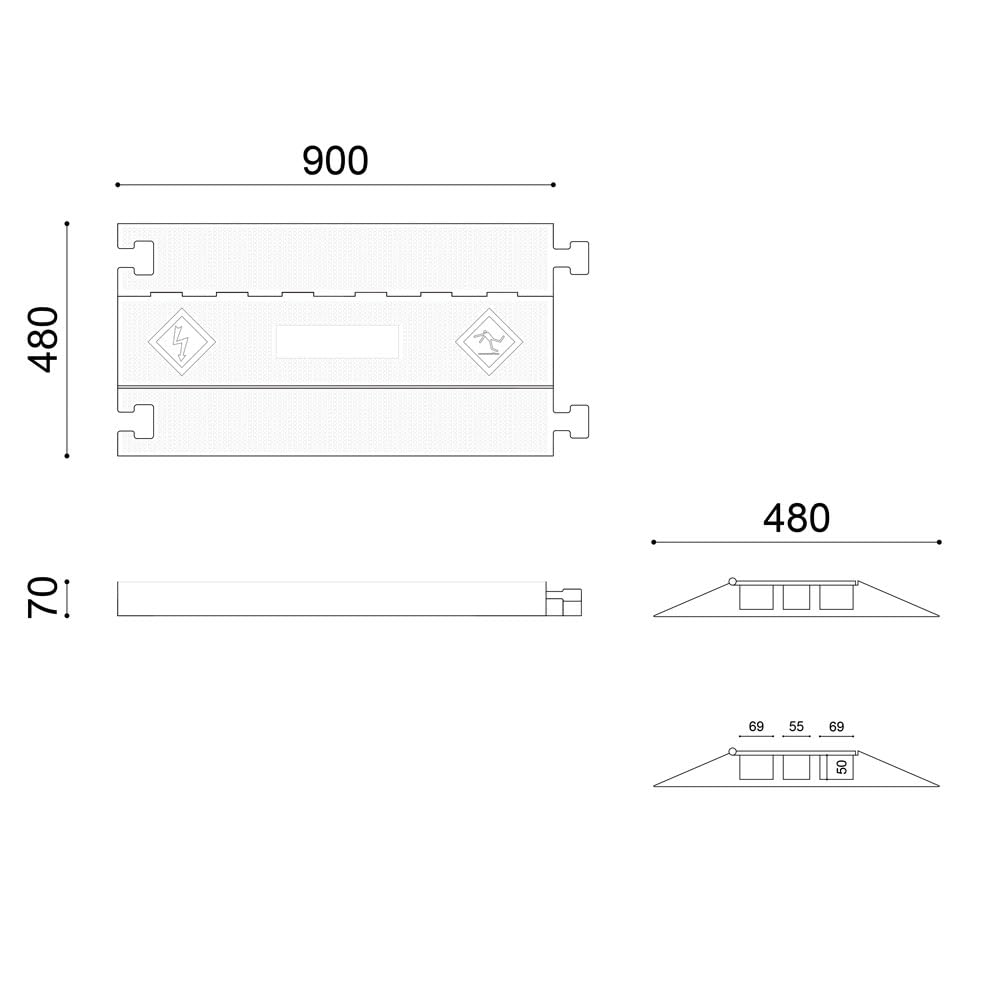 ADO - Pasacables de Suelo para protección de Cables eléctricos de 3 vías 90x48x7cm. Protector de Cables de Caucho (1- Pasacable)