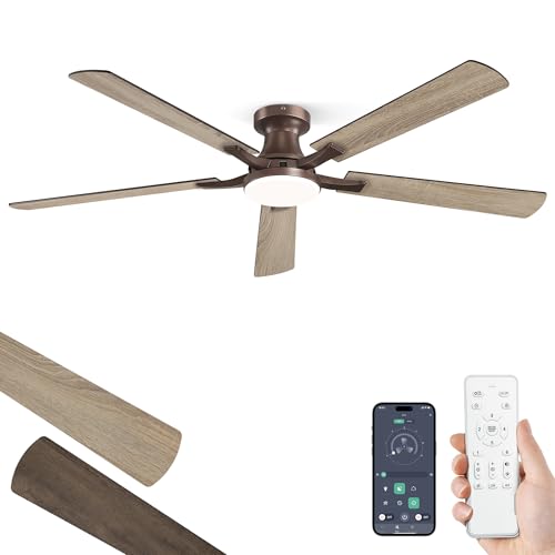 Image of ZMISHIBO 60 Inch Ceiling Fan with Light, App&Remote Control, Flush Mount Low Profile, Dimmable 20W LED Light, Quiet Reversible Motor for Bedroom, Living Room, Apartment, Brown
