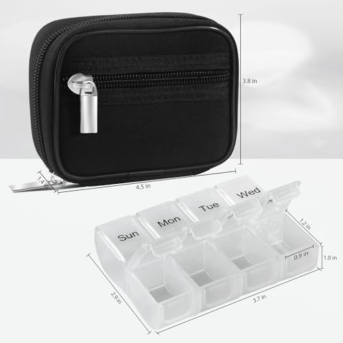 Image of Pill Case Weekly Travel Pill Organizer for Purse with Removable 7 Day Pill Box Premium Neoprene Pill Container for Travel Purse Accessory, Vitamin, Supplement, Small Pieces Arrangement-Elegant Black