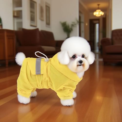 Hunde-Regenmantel mit Kapuze für kleine Hunde, leichte reflektierende Regenjacke, Poncho mit Loch, lustige Kostüme, Regenbekleidung für Welpen, Regenmäntel mit Loch für die Leine (Gelb, XS)