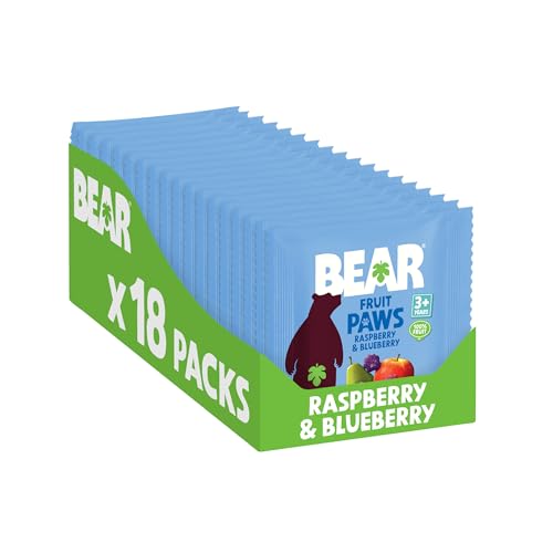 BEAR Fruit Paws Raspberry & Blueberry (Pack of 18) 100% Fruit No Added Sugar Ideal lunchbox snack for kids or OntheGo