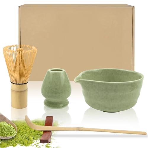 Raxfekro 5-Teiliges Matcha Set, Matcha Besen, Matcha-Schneebesen, Matcha Löffel, Matcha Schüssel mit Auslauf, Matcha Whisk, Keramik Matcha Tea Set