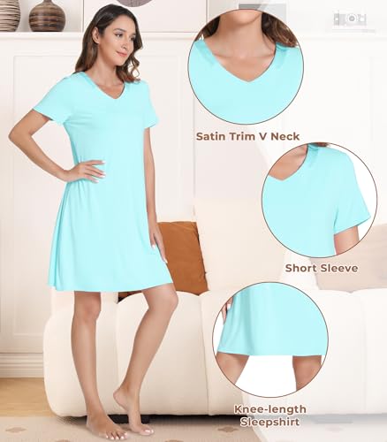 Image of NACHILA Women's Nightgowns-Viscose Made from Bamboo, Soft Sleepwear V Neck Sleepshirt Short Sleeve Loungewear Cool Sleepdress
