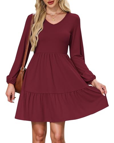 AUSELILY Womens Long Sleeve Dress 2025 Fall Casual V Neck Tiered Swing Flowy A-line Mini Short Dresses with Pockets2