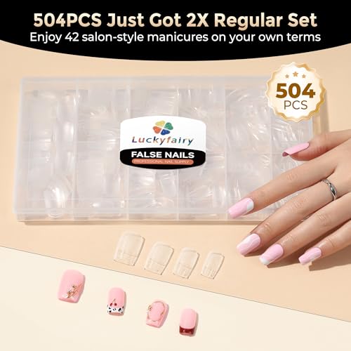 Image of Nail Tips Square: 504PCS Tri-Layer Core Short Square Gel Nail Tips, 12 Sizes Soft Clear Nails Full Cover Acrylic False Fake Nails for Women Flat & Natural Nail Extensions Home