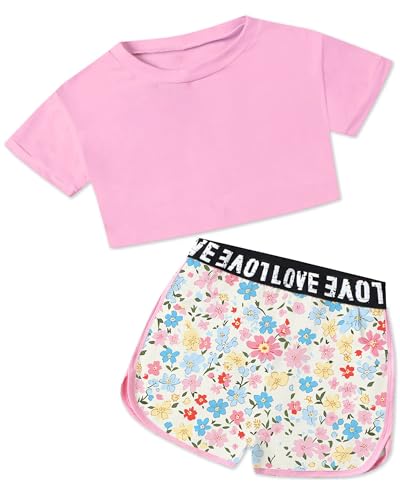 Image of Betusline Girls Summer 2 Piece Outfits,Kids Short Sleeve Crop Top & Shorts Set with Side Pockets