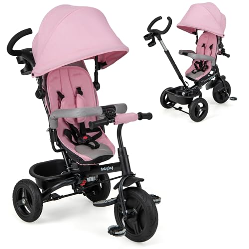 Image of BABY JOY Tricycle, 6 in 1 Trike for Toddler w/Reversible Seat, Adjustable Canopy & Parent Handle, 5-Point Safety Belt, PU Wheels and Storage Basket, Push Tricycle for 9-60 Months (Pink)