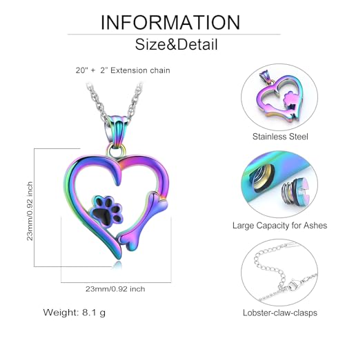QGJNSGC Paw Print Urn Necklace Heart Locket Necklace for Ashes Dog Cat Charms Pendant Cremation Jewelry Cat Dog Keepsake Memorial Gifts for Women Girls (Rainbow) - Image 2