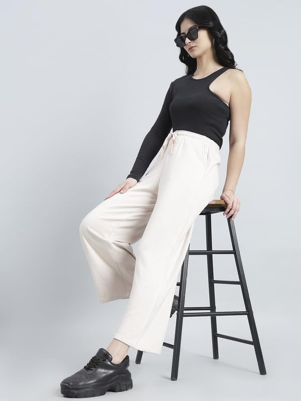 Image of GO COLORS Polycotton Fleece Wide Pants for Women | Relaxed Fit, High Rise
