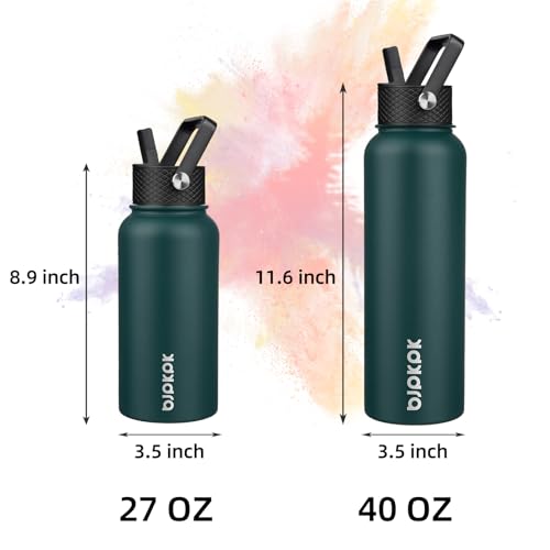 Image of BJPKPK Insulated Water Bottles with Straw Lid, 40oz Stainless Steel Water Bottles with 3 Lids, BPA Free Leakproof Thermo, Tumblers, Cups for Sports, Gym- Army Green
