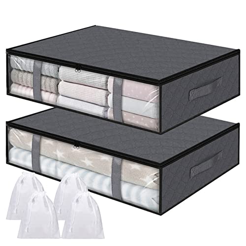 Nieeegy Lot de 2 boîtes de rangement sous le lit avec 4 sacs avec cordon de serrage, coffre de lit avec fenêtre de vision, tissu pour vêtements, chaussures, jouets, couverture 60 x 45 x 15 cm Cover
