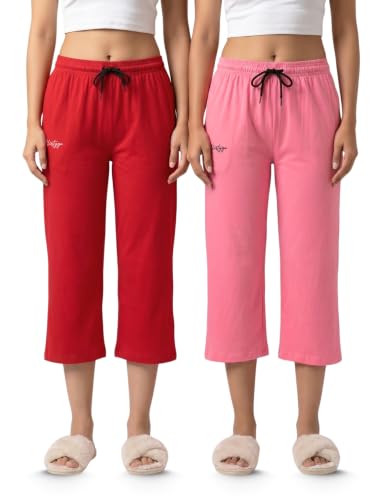 Image of Fflirtygo Women's Cotton Plain Calf Length Capri | Nightwear Short Pyjama | 3 /4th Solid Pyjama Pant | Regular Fit Casual & Lounge Wear Capri Combo (Pack of 2)