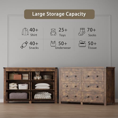 Image of Wodeer 6 Drawer Dresser for Bedroom, Brown Modern Dressers & Chests of Drawers with Metal Handles, Closet Storage Dresser, Storage Cabinet and Organizer with Drawers