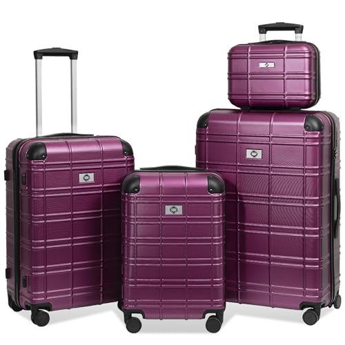 Durable 4-Piece Luggage Set - Lightweight Hardshell Suitcases with 360-Degree Wheels and Approved Locks - Purple