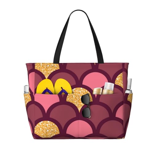 Grand sac de plage sac à bandoulière femme cabas écailles de poisson paillettes dorées